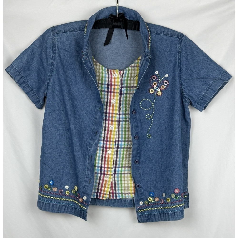 Vintage Lemon Grass Studio Denim Shirt M Embroidered Butterfly Rainbow Plaid